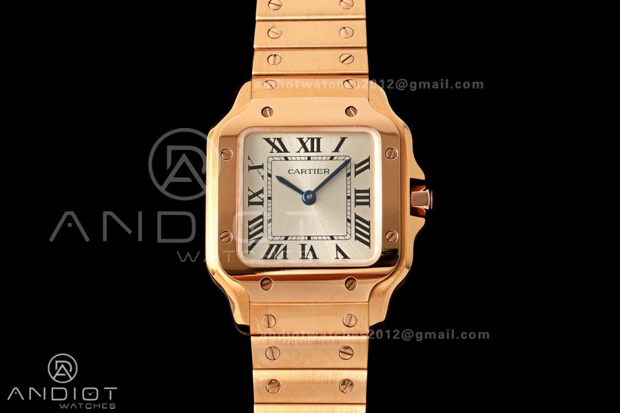 Santos de Cartier 27mm RG AF 1:1 Best Edition Silver Dial On RG SmartLinks Bracelet Ronda Quartz