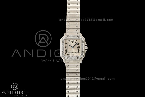Santos de Cartier 27mm SS AF 1:1 Best Edition Diamond Bezel Silver Dial On SS SmartLinks Bracelet Ronda Quartz