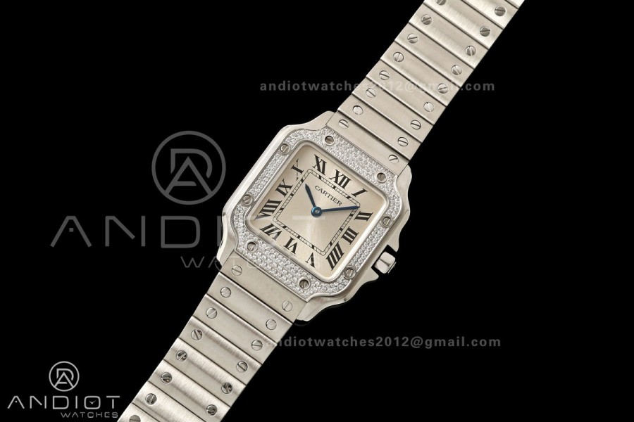Santos de Cartier 27mm SS AF 1:1 Best Edition Diamond Bezel Silver Dial On SS SmartLinks Bracelet Ronda Quartz