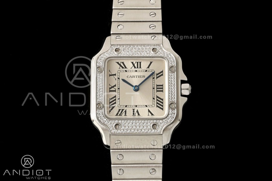 Santos de Cartier 27mm SS AF 1:1 Best Edition Diamond Bezel Silver Dial On SS SmartLinks Bracelet Ronda Quartz
