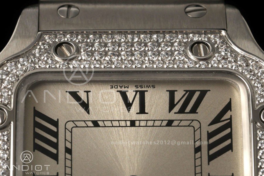 Santos de Cartier 27mm SS AF 1:1 Best Edition Diamond Bezel Silver Dial On SS SmartLinks Bracelet Ronda Quartz