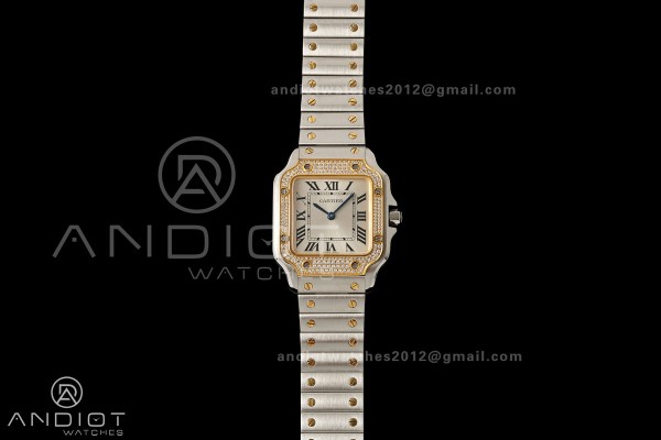 Santos de Cartier 27mm SS/YG AF 1:1 Best Edition Silver Dial Diamond Bezel On SS/YG SmartLinks Bracelet Ronda Quartz