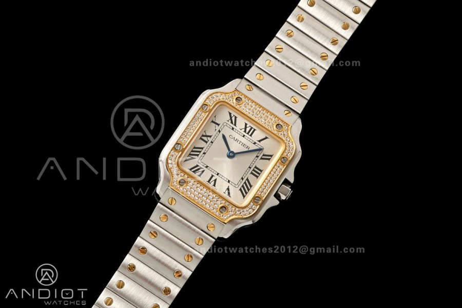 Santos de Cartier 27mm SS/YG AF 1:1 Best Edition Silver Dial Diamond Bezel On SS/YG SmartLinks Bracelet Ronda Quartz