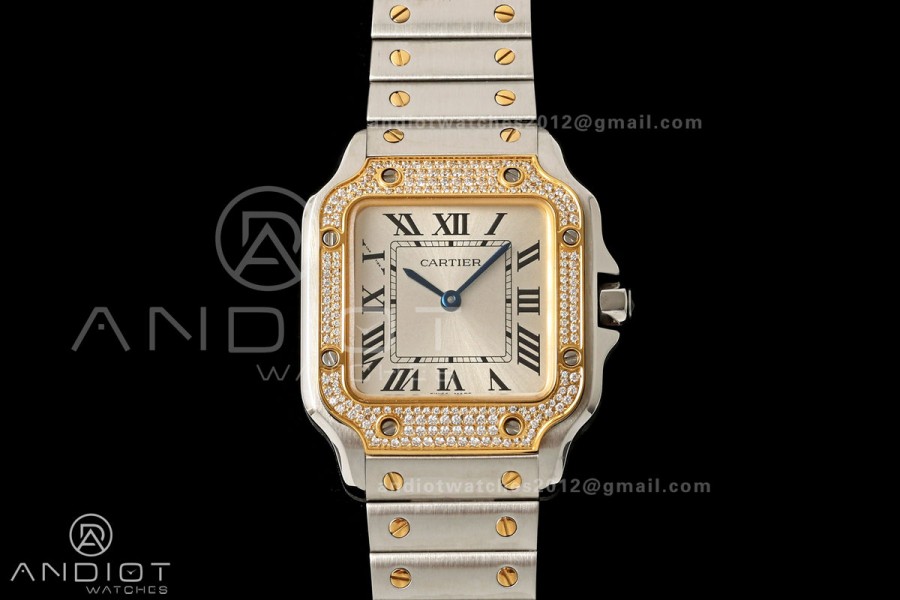 Santos de Cartier 27mm SS/YG AF 1:1 Best Edition Silver Dial Diamond Bezel On SS/YG SmartLinks Bracelet Ronda Quartz