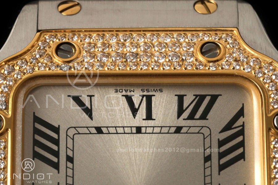 Santos de Cartier 27mm SS/YG AF 1:1 Best Edition Silver Dial Diamond Bezel On SS/YG SmartLinks Bracelet Ronda Quartz
