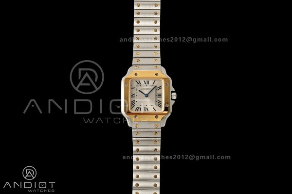 Santos W2SA0033 27x34mm AF 1:1 Best Edition Silver Dial  ON SS/YG SmartLinks Bracelet Ronda Quartz