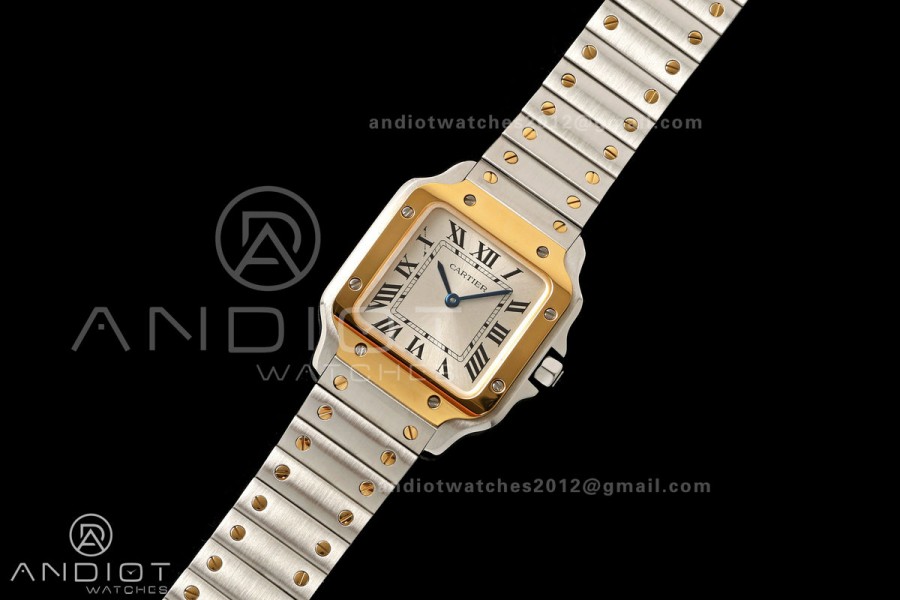 Santos W2SA0033 27x34mm AF 1:1 Best Edition Silver Dial  ON SS/YG SmartLinks Bracelet Ronda Quartz