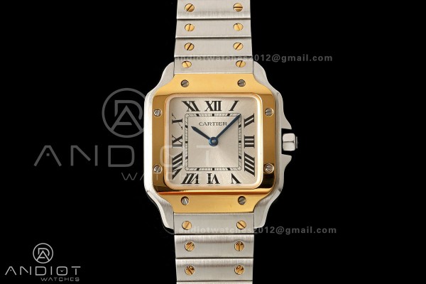 Santos W2SA0033 27x34mm AF 1:1 Best Edition Silver Dial  ON SS/YG SmartLinks Bracelet Ronda Quartz