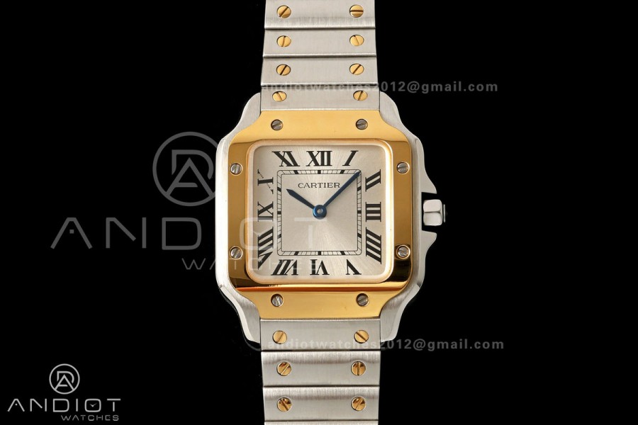 Santos W2SA0033 27x34mm AF 1:1 Best Edition Silver Dial  ON SS/YG SmartLinks Bracelet Ronda Quartz