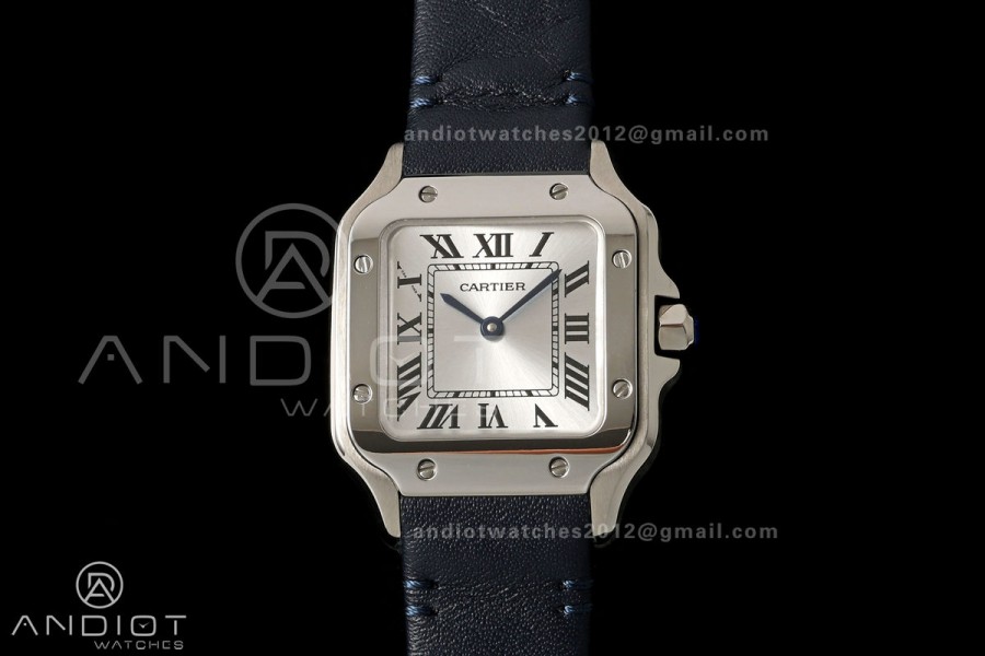 Santos De Cartier DRF 27mm SS/LE Silver Dial Leather Strap Quartz