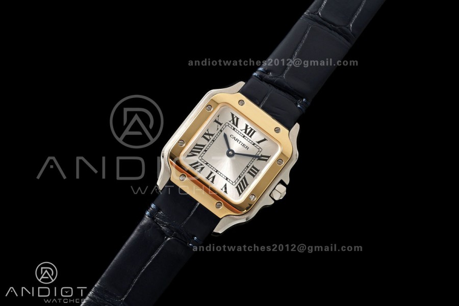 Santos De Cartier 27mm YG Bezel DRF SS/LE Silver Dial Alligator Leather Strap Quartz