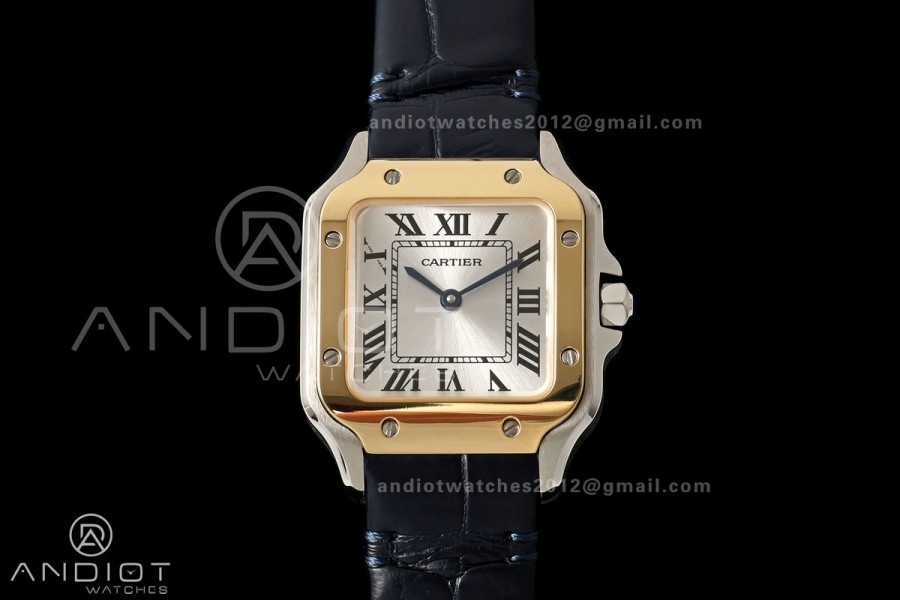 Santos De Cartier 27mm YG Bezel DRF SS/LE Silver Dial Alligator Leather Strap Quartz