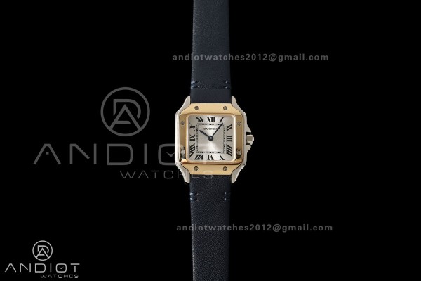 Santos De Cartier DRF 27mm SS/LE Silver Dial YG Bezel Leather Strap Quartz