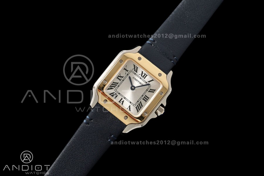 Santos De Cartier DRF 27mm SS/LE Silver Dial YG Bezel Leather Strap Quartz