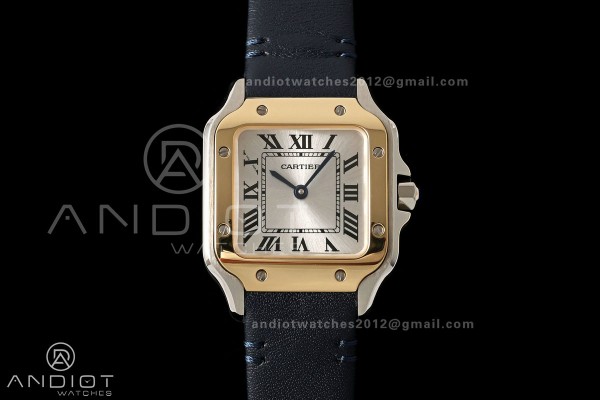 Santos De Cartier DRF 27mm SS/LE Silver Dial YG Bezel Leather Strap Quartz