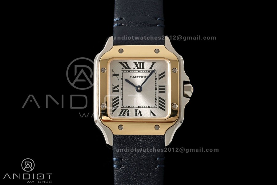 Santos De Cartier DRF 27mm SS/LE Silver Dial YG Bezel Leather Strap Quartz