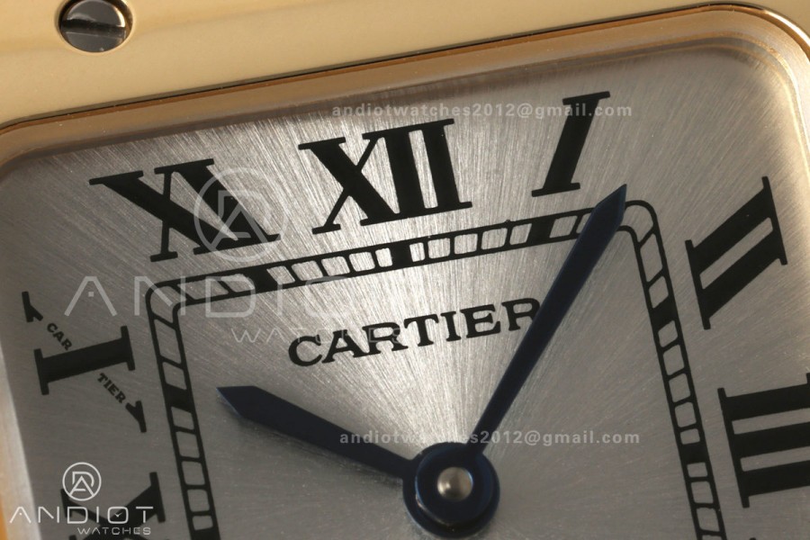 Santos De Cartier DRF 27mm SS/LE Silver Dial YG Bezel Leather Strap Quartz
