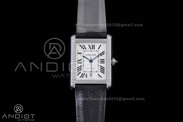 Tank Solo 31mm SS AF 1:1 Best Edition White Dial Diamonds Bezel on Black Leather Strap MIYOTA 9015