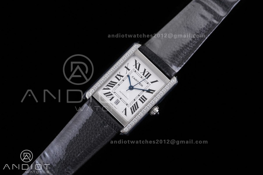 Tank Solo 31mm SS AF 1:1 Best Edition White Dial Diamonds Bezel on Black Leather Strap MIYOTA 9015