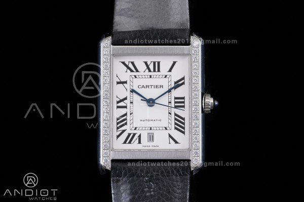 Tank Solo 31mm SS AF 1:1 Best Edition White Dial Diamonds Bezel on Black Leather Strap MIYOTA 9015