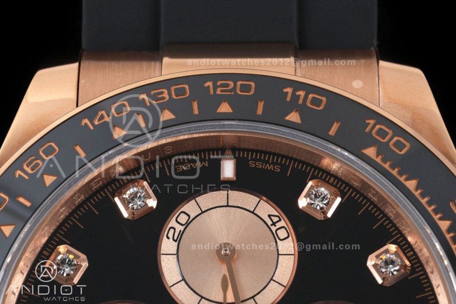 Daytona 126515 QF 1:1 Best Edition Black/RG Diamonds Dial on Oysterflex Strap JH4131 V18 Weighted (Free Sprung)