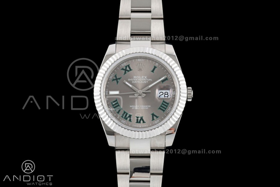 DateJust 41 126334 QF 1:1 Best Edition Gray Dial Green Roman on Oyster Bracelet JH3235 (Free Sprung)