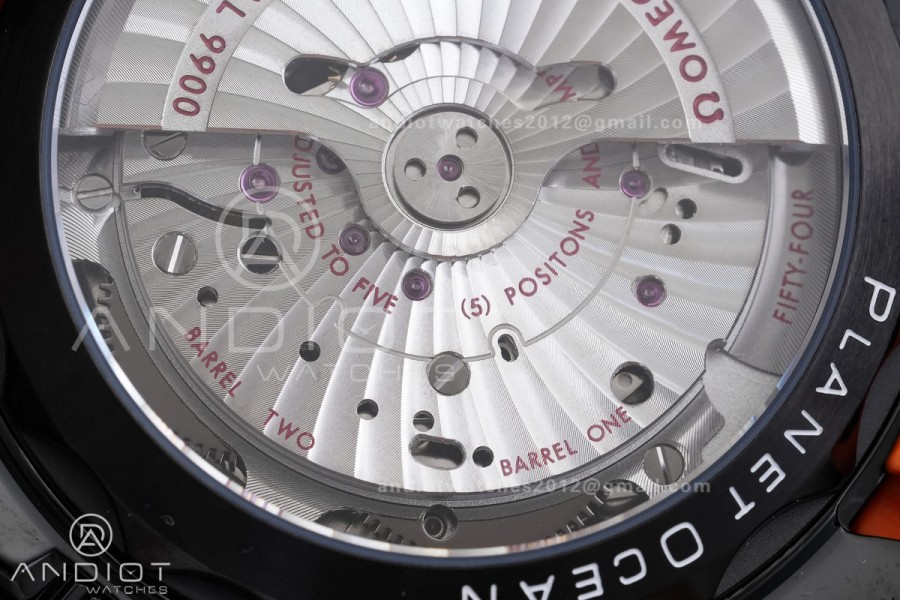 Planet Ocean 600M Chrono PVD N1F 1:1 Best Edition Black Dial 1/4 Orange Bezel on Rubber Strap A9900