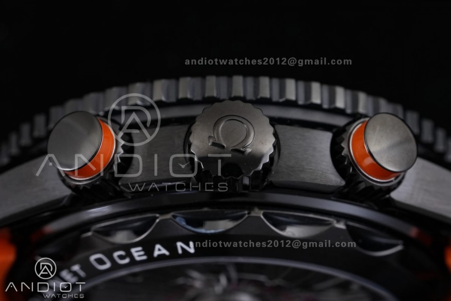 Planet Ocean 600M Chrono PVD N1F 1:1 Best Edition Black Dial 1/4 Orange Bezel on Rubber Strap A9900