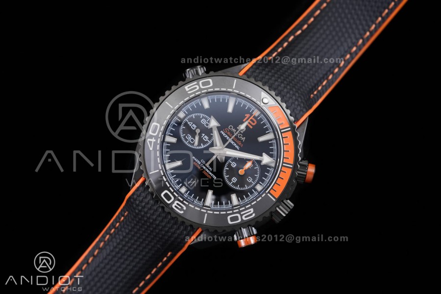 Planet Ocean 600M Chrono PVD N1F 1:1 Best Edition Black Dial 1/4 Orange Bezel on Rubber Strap A9900