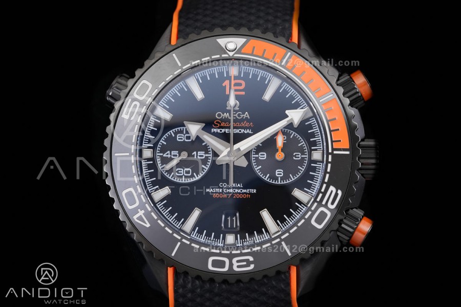 Planet Ocean 600M Chrono PVD N1F 1:1 Best Edition Black Dial 1/4 Orange Bezel on Rubber Strap A9900