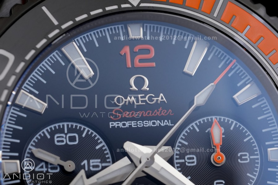 Planet Ocean 600M Chrono PVD N1F 1:1 Best Edition Black Dial 1/4 Orange Bezel on Rubber Strap A9900