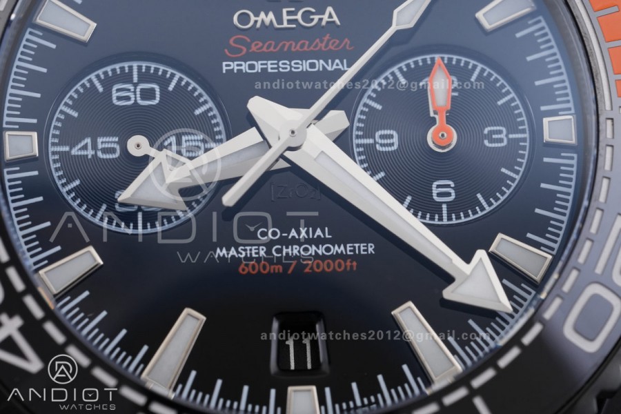 Planet Ocean 600M Chrono PVD N1F 1:1 Best Edition Black Dial 1/4 Orange Bezel on Rubber Strap A9900