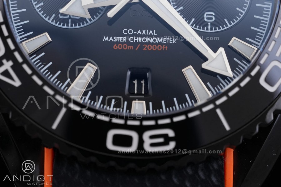 Planet Ocean 600M Chrono PVD N1F 1:1 Best Edition Black Dial 1/4 Orange Bezel on Rubber Strap A9900