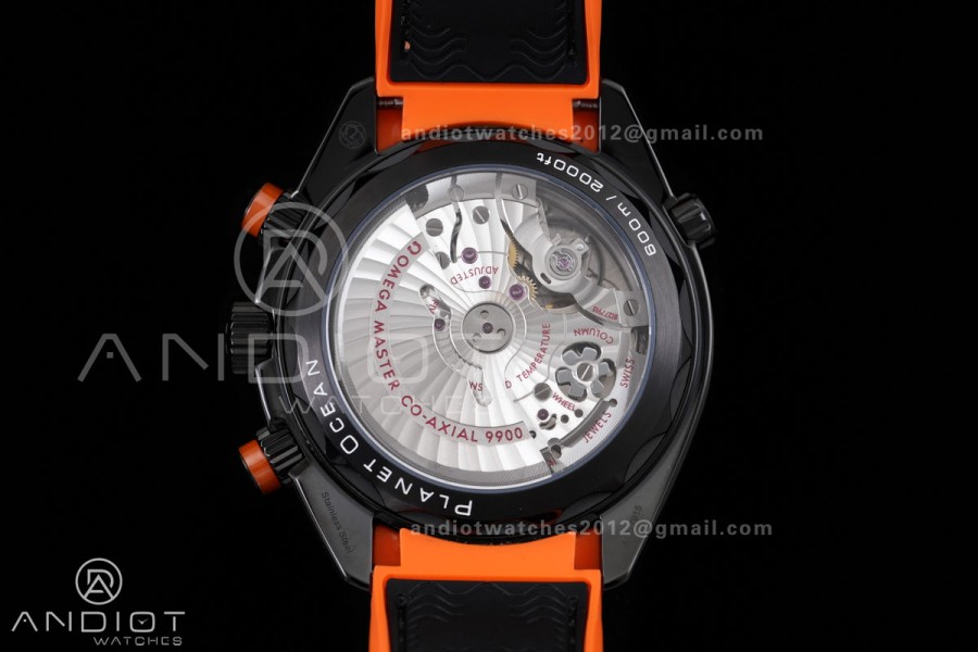 Planet Ocean 600M Chrono PVD N1F 1:1 Best Edition Black Dial 1/4 Orange Bezel on Rubber Strap A9900
