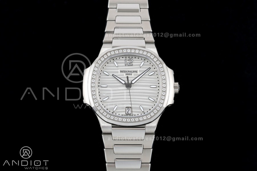Nautilus 7118 Ladies DDF 1:1 Best Edition Silver Dial Diamonds Bezel on SS Bracelet DD330 Super Clone
