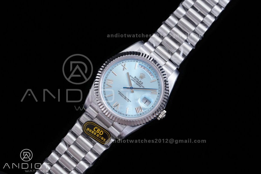 Day Date 40 SS CBDF 1:1 Best Edition Ice Blue Roman Dial on President Bracelet VR3255 (210g)