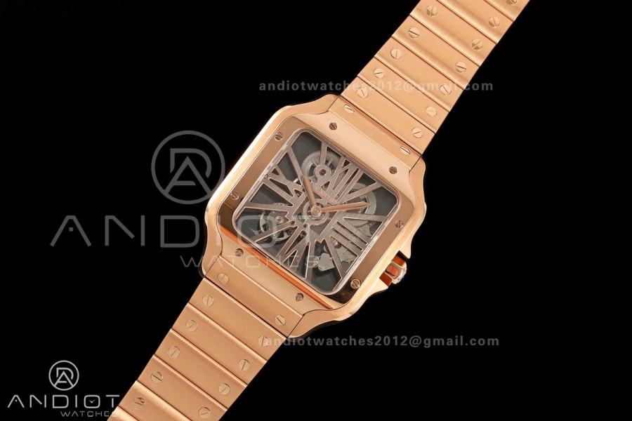 Santos Skeleton RG RICH 1:1 Best Edition Skeleton Dial on RG Bracelet 9611MC Super Clone V2