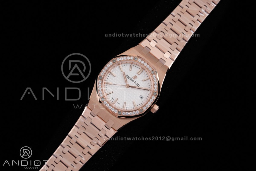 Royal Oak 34mm 77350 RG Diamonds Bezel 8F Best Edition White Dial Diamond Bezel on RG Bracelet A5800