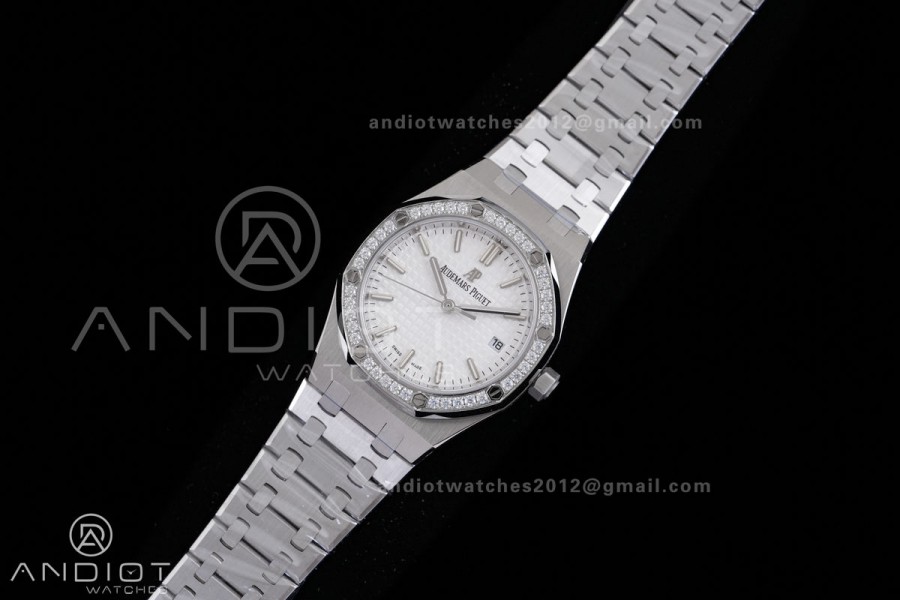 Royal Oak 34mm 77350 SS 8F Best Edition White Dial Diamonds Bezel on SS Bracelet A5800