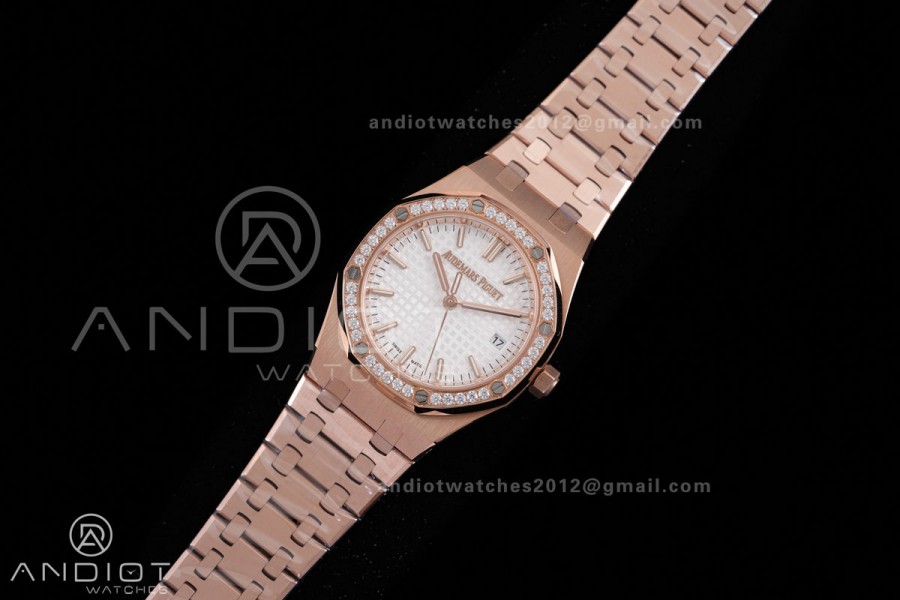 Royal Oak 34mm 77450 RG Diamonds Bezel 8F Best Edition White Dial Diamond Bezel on RG Bracelet A5800