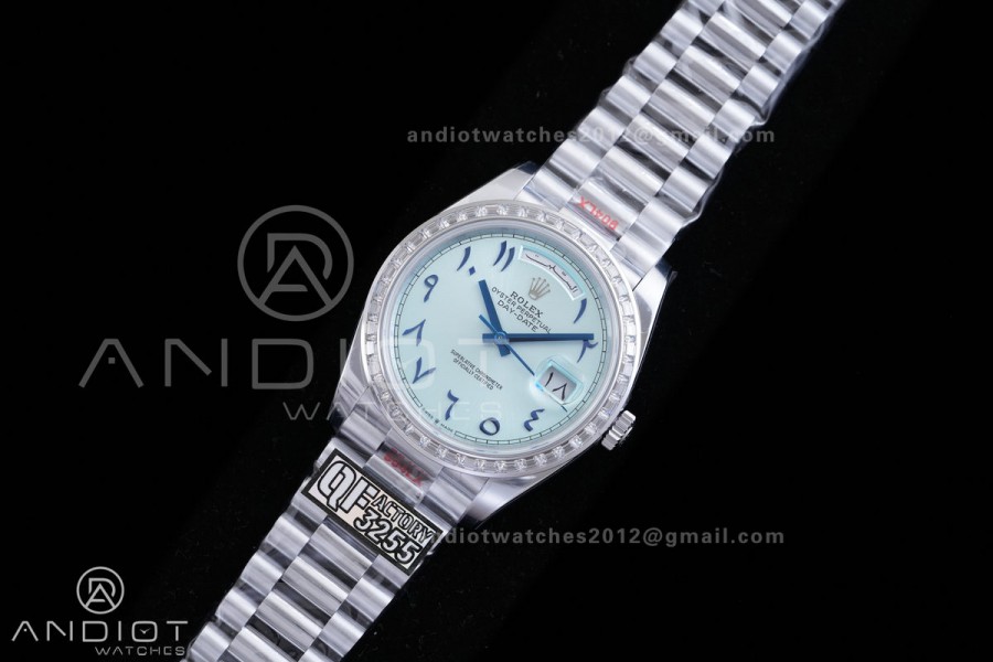 DayDate 40 SS QF 1:1 Best Edition Blue Textured Roman Dial Diamonds Bezel on President Bracelet VR3255 V8s (Gain Weight)