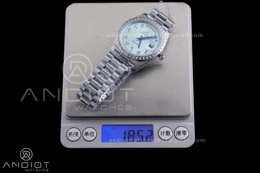 DayDate 40 SS QF 1:1 Best Edition Blue Textured Roman Dial Diamonds Bezel on President Bracelet VR3255 V8s (Gain Weight)