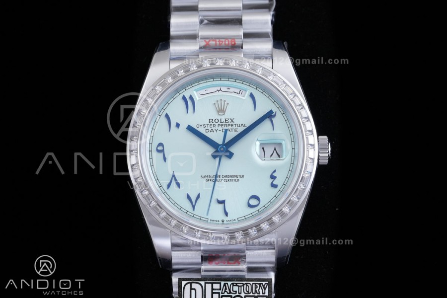 DayDate 40 SS QF 1:1 Best Edition Blue Textured Roman Dial Diamonds Bezel on President Bracelet VR3255 V8s (Gain Weight)