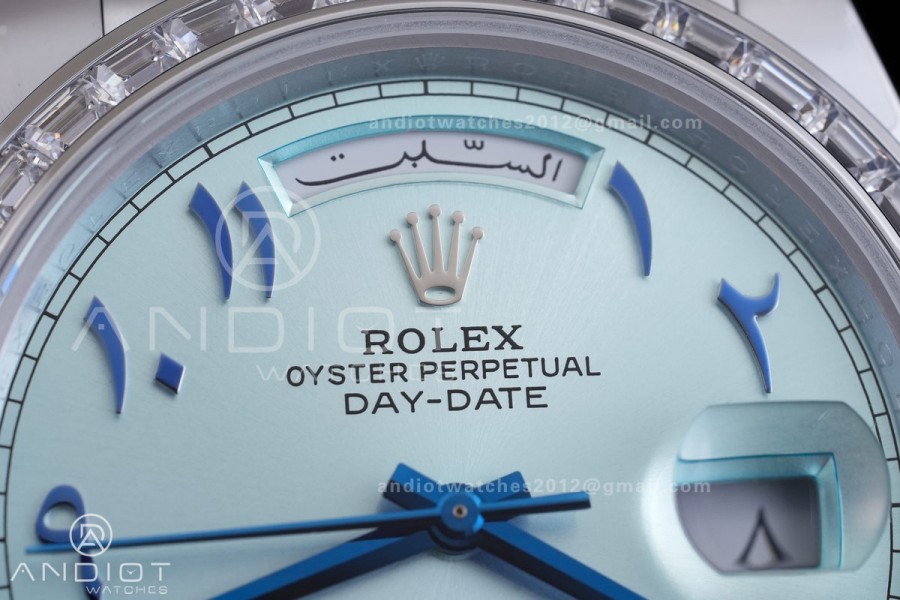 DayDate 40 SS QF 1:1 Best Edition Blue Textured Roman Dial Diamonds Bezel on President Bracelet VR3255 V8s (Gain Weight)