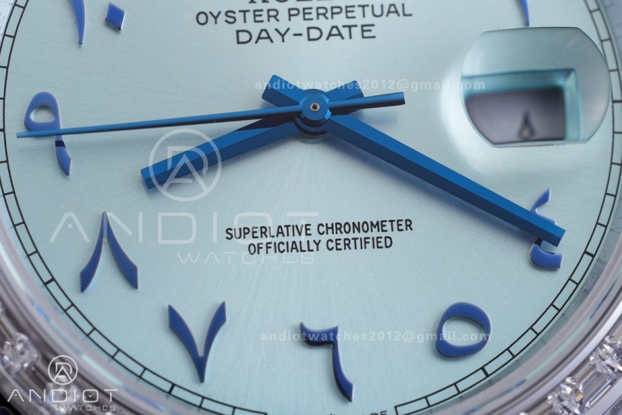 DayDate 40 SS QF 1:1 Best Edition Blue Textured Roman Dial Diamonds Bezel on President Bracelet VR3255 V8s (Gain Weight)
