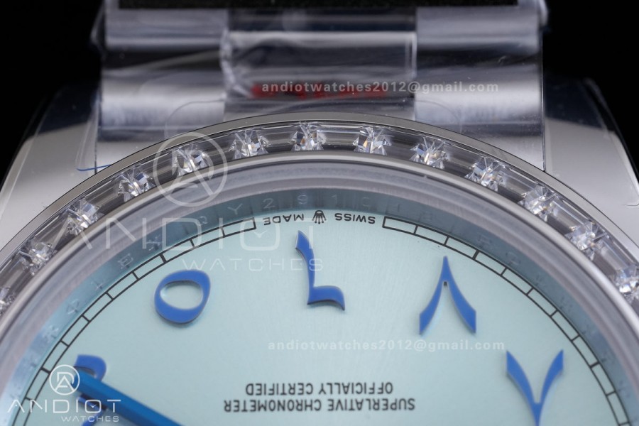 DayDate 40 SS QF 1:1 Best Edition Blue Textured Roman Dial Diamonds Bezel on President Bracelet VR3255 V8s (Gain Weight)