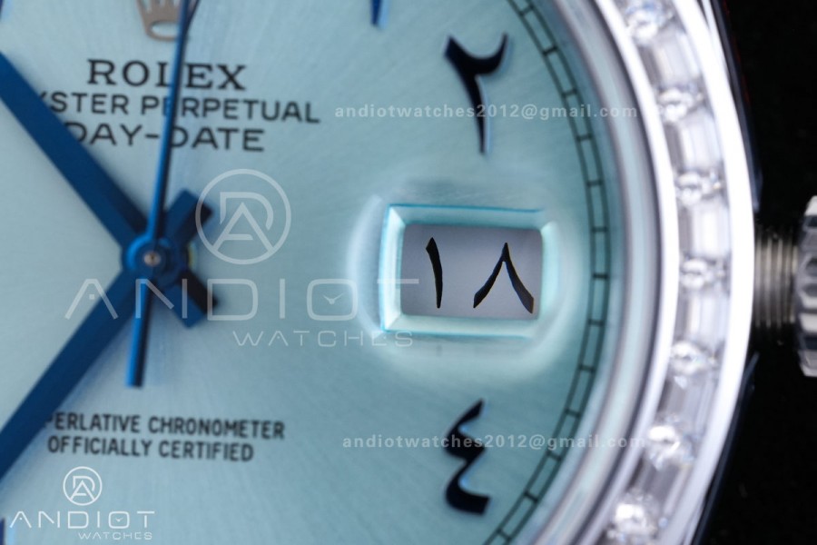 DayDate 40 SS QF 1:1 Best Edition Blue Textured Roman Dial Diamonds Bezel on President Bracelet VR3255 V8s (Gain Weight)