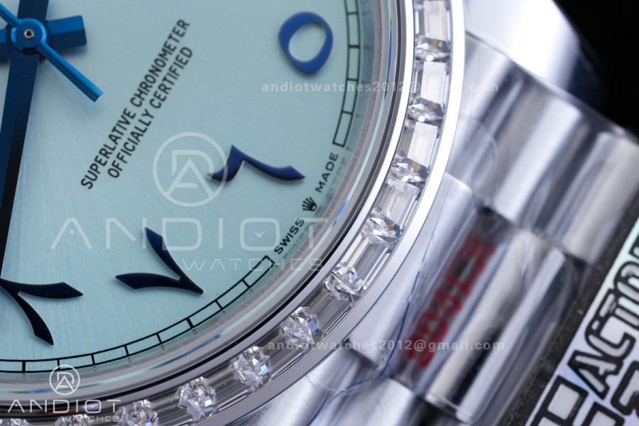 DayDate 40 SS QF 1:1 Best Edition Blue Textured Roman Dial Diamonds Bezel on President Bracelet VR3255 V8s (Gain Weight)