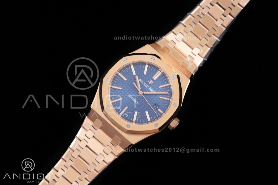 Royal Oak 41mm 15400 RG ZF 1:1 Best Edition Blue Textured Dial on RG Bracelet V2 SA3120 Super Clone