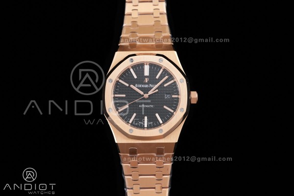 Royal Oak 41mm 15400 RG ZF 1:1 Best Edition Black Textured Dial on RG Bracelet V2 SA3120 Super Clone